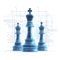digital rendering of three chess pieces, including king and two queens, is depicted with futuristic wireframe design. background features complex network of lines and circuits, symbolizing png
