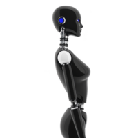 sleek, futuristic humanoid robot with black and silver design stands in profile, showcasing its advanced technology and elegant form. robot blue eyes add touch of personality png