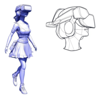 futuristic illustration of woman wearing virtual reality headset, showcasing blend of technology and fashion. design includes detailed sketch of headset, emphasizing innovation png
