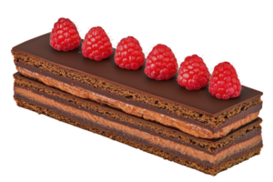 A delicious chocolate layer cake topped with fresh raspberries, showcasing rich layers of chocolate ganache and sponge. vibrant red raspberries add pop of color and freshness png