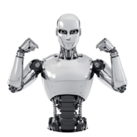 humanoid robot with sleek metallic design flexes its arms, showcasing advanced technology and futuristic engineering. robot expression is confident and powerful png