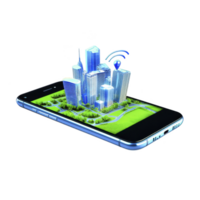 smartphone displays 3D cityscape with skyscrapers and green spaces, symbolizing smart city technology and connectivity. image conveys innovation and modern urban planning png