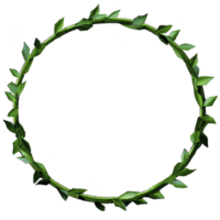 A circular green leaf wreath with natural and elegant design, perfect for decorative purposes or as frame for text or images. lush greenery adds fresh and organic touch to any setting png