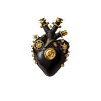 black mechanical heart with intricate golden gears and cogs symbolizes fusion of technology and emotion. steampunk design evokes sense of innovation and creativity png