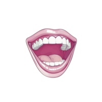 A cartoon illustration of open mouth with visible teeth and tongue, expressing laughter or joy. image features glossy pink lip and detailed depiction of inside of mouth, emphasizing cheerful png
