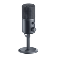 A sleek black microphone with mesh grille and adjustable knobs, designed for professional audio recording, stands on sturdy base, ideal for podcasts and studio use png