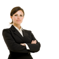 A confident woman in black suit stands with arms crossed, exuding professionalism and determination. Her expression is serious, and she appears ready to tackle any challenge in business environment png
