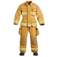 A firefighter protective suit with reflective stripes is displayed, showcasing its durable material and essential design for safety in hazardous environments png