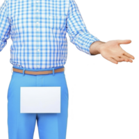 A man in blue checkered shirt and blue pants holds blank white sign, gesturing with open arms. image conveys welcoming or inviting expression, suitable for presentations or advertisements png