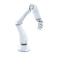 sleek robotic arm with metallic finish is shown, featuring flexible joint and hand with articulated fingers, designed for precision tasks in industrial automation png