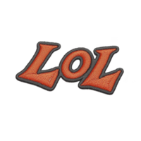 An image features embroidered patch with text LOL in bold, orange letters outlined in black, conveying playful and humorous expression png