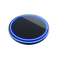 sleek, futuristic blue LED ring glows around glossy black circular surface, creating modern and high tech appearance. design is minimalistic and elegant png