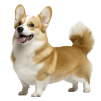 A cheerful corgi with fluffy tail stands happily, showcasing its playful nature and friendly demeanor. dog short legs and expressive eyes add to its charm png