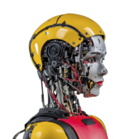 futuristic humanoid robot with yellow and red exterior, showcasing intricate mechanical details and wires, stands against plain background. robot design is sleek and modern, highlighting advanced png