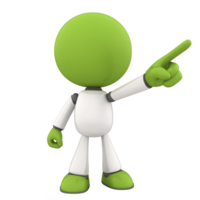 green 3D character with round head and white body is pointing upwards with its right hand, conveying sense of direction or instruction. character design is simple and cartoonish png