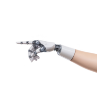 robotic hand with sleek design is pointing forward, showcasing advanced technology and innovation. mechanical fingers and joints are detailed, highlighting precision engineering png