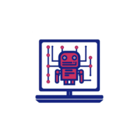 stylized illustration of robot on computer screen, symbolizing artificial intelligence and technology. design features red robot with circuit like elements, conveying futuristic theme png