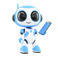 cute blue and white robot with large eyes is holding clipboard, showcasing friendly and futuristic design. robot cheerful expression adds playful touch to its high tech appearance png