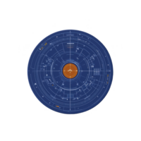 This features detailed, circular blueprint design with central orange core surrounded by intricate blue technical schematics, evoking futuristic and complex technological concept png