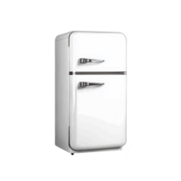 retro style white refrigerator with chrome handles, featuring top freezer compartment. design evokes vintage aesthetic, combining functionality with nostalgic charm png