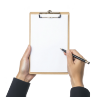 person holding clipboard with blank sheet of paper, ready to write with pen. image conveys sense of readiness and organization, suitable for business or educational contexts png