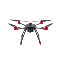 black and red drone with six propellers is shown, designed for aerial photography and videography. It features camera mounted underneath, offering advanced technology for capturing high quality png