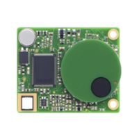 small green circuit board with various electronic components, including microchip and capacitors, is designed for electronic applications. compact design suggests use advanced technology systems png