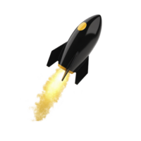 sleek black rocket with yellow accent is launching into space, leaving fiery trail behind. dynamic design and vibrant colors convey sense of adventure and exploration png