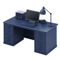 sleek, modern office desk with computer, keyboard, desk lamp, and organized files creates professional workspace. blue color scheme adds touch of elegance png