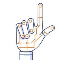 This features stylized illustration of robotic hand with circuit patterns, pointing upwards. design combines technology and futuristic elements, symbolizing innovation and advancement png