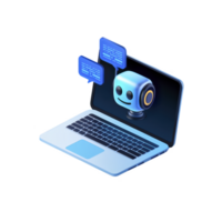 friendly robot icon appears on laptop screen, symbolizing AI communication and technology. digital interaction is highlighted by speech bubbles, emphasizing innovation and connectivity png
