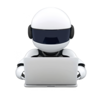 futuristic robot with sleek white and black design is sitting at desk, focused on working with laptop. robot visor gives it modern, high tech appearance png