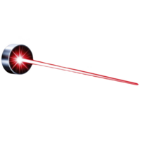 futuristic red laser beam emits from metallic circular device, creating sense of advanced technology and precision. glowing red light contrasts with sleek, reflective surface of device png