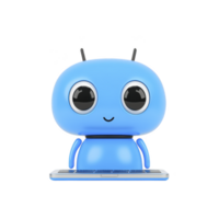 cute blue robot with large eyes sits happily in front of laptop, appearing ready to assist or learn. robot simple design and cheerful expression make it approachable and friendly png
