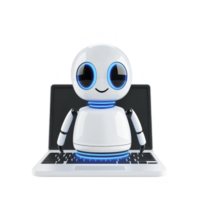 cute, futuristic robot with blue accents sits on laptop keyboard, showcasing technology and innovation. robot friendly design suggests artificial intelligence and digital interaction png