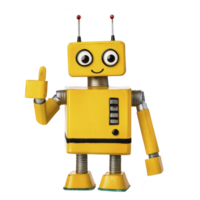 cheerful yellow robot with square head and body, featuring large eyes and antennas, gives thumbs up gesture. Its design is playful and friendly, with visible joints and buttons png
