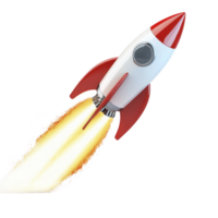 cartoon rocket with red fins and pointed nose cone is launching into space, leaving fiery trail behind. illustration captures sense of adventure and exploration png
