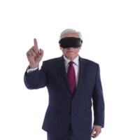 elderly man in suit and tie is wearing virtual reality goggles, pointing forward with focused expression, suggesting engagement with digital technology png