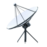 large satellite dish with reflective surface and metal framework stands on tripod, used for communication and data transmission png