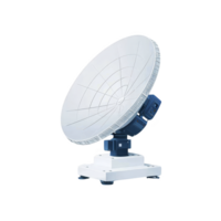 large white satellite dish with blue base is positioned on white platform, designed for communication and data transmission. dish features grid pattern and is angled upwards png