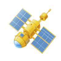 yellow satellite with blue solar panels and spherical camera lens or sensor is depicted, showcasing futuristic design. satellite appears to be in space, emphasizing technology and innovation png