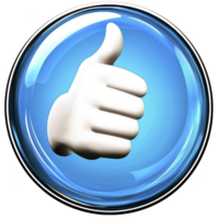 3D rendered thumbs up icon with glossy blue circular background, symbolizing approval or positivity. hand is white, and design is modern and vibrant png