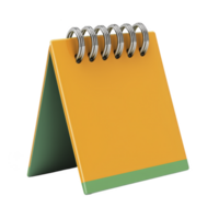 small, orange spiral bound desk calendar with green base stands upright, showcasing simple and modern design. calendar is ideal for organizing daily tasks and schedules png
