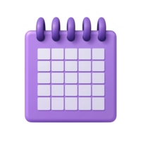 3D illustration of purple calendar with spiral binding and grid layout, symbolizing organization and planning. vibrant color adds modern and playful touch png