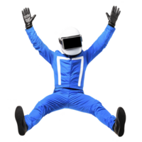 person in blue racing suit and helmet is jumping with arms raised, expressing excitement. suit features white accents, and helmet has black visor. background is transparent png