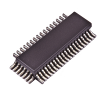 black integrated circuit chip with multiple metal pins is shown, used in electronic devices for processing. chip is rectangular and has sleek, modern design png