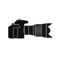 silhouette of DSLR camera with large lens is depicted, showcasing its distinct shape and features. image highlights camera body, grip, and extended lens, emphasizing its professional design png