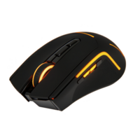 sleek black gaming mouse with vibrant orange LED lighting, featuring ergonomic design and multiple buttons for enhanced gaming performance png