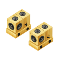 Wooden speakers with modern design, featuring multiple drivers and natural finish, are arranged in pair. speakers have sleek, rectangular shape and are ideal for enhancing audio experiences png