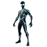 futuristic superhero in sleek black suit with glowing blue lines stands confidently, exuding sense of power and mystery. design is modern and dynamic, emphasizing agility and strength png
